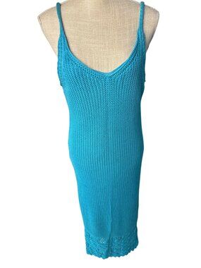Willow & Wind Knit Sleeveless Midi Dress In Turquoise Blue W/Lace Hem Detail L